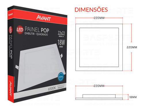 Plafon Painel Led Pop 18w Embutir Quadrado Branco Frio 6500K Bivolt 22x22 Avant