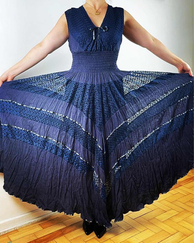 Vestido Longo Azul Marinho Artesanal Com Renda