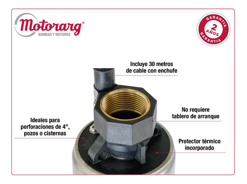Imagen 4 de 11 de Bomba Sumergible De Pozo Motorarg 4pack 100 +30mt Cable 1 Hp