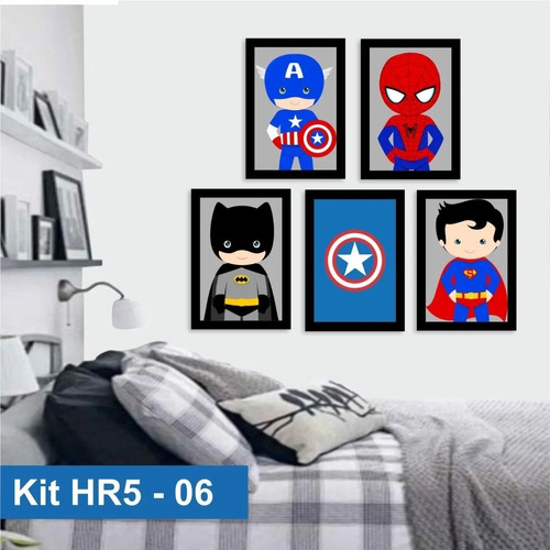 Kit 5 Quadros Decorativos Com Vidro Quarto Infantil Heróis