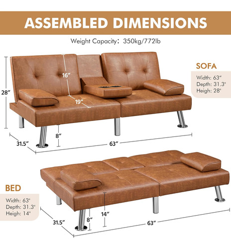 Sofá Cama Convertible Ajustable, Marrón Yt-613481b Yaheetech