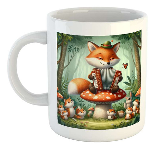 Taza Ceramica Zorro Tocando El Acordeon Bosque M1