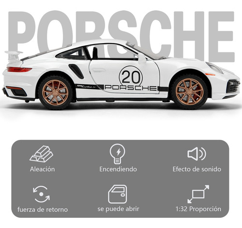 Coleccion De Escala Coche Juguete Porsche 911 Con Luz 1:32 Color Blanco