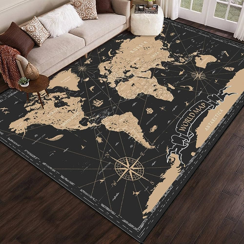 ~? Peenoke World Map Vintage Black Golden Detailed Area Rug