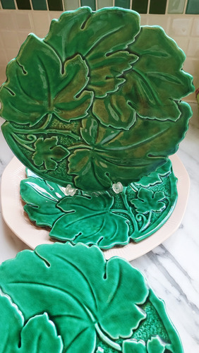 Platos Mayólica Hojas Verdes Relieves Verde Hojas Relieves (Usado)