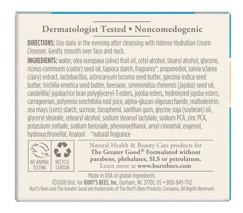 Crema Facial De Noche Burt's Bees Intense Hydration 51 Gr