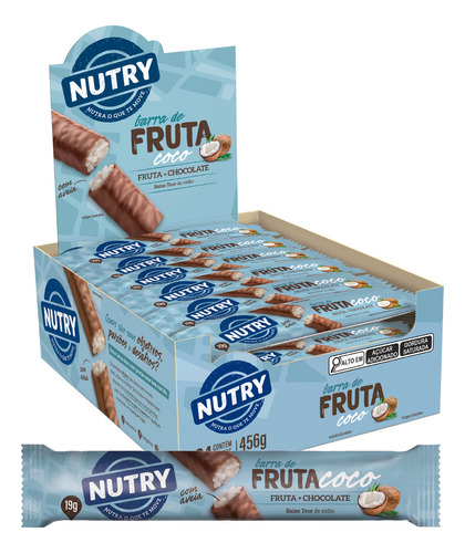 Nutry barra de frutas coco cobertura chocolate caixa 456g 24 unidades