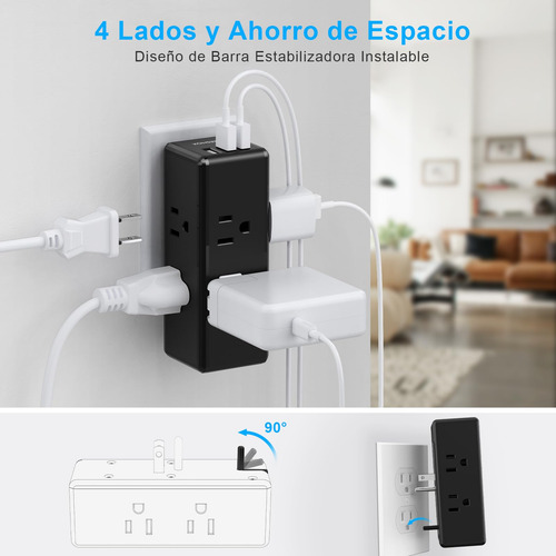 Regleta Enchufe Múltiple 6 Salidas Ca Y 3 Usb Para Hogar