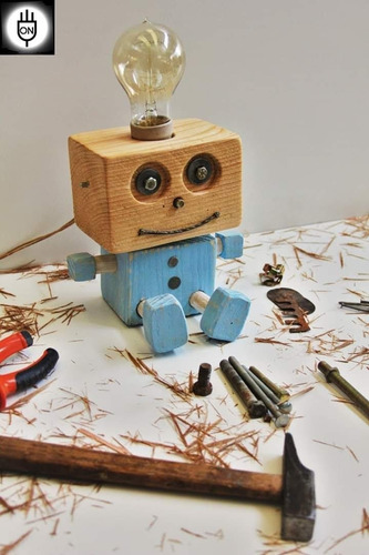 Velador Lampara Robot Madera Únicos. Lamparas On