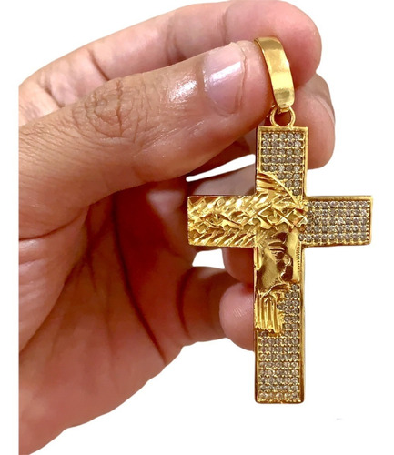 Pingente Cruz Rosto Jesus Cravejado Banhado Ouro 18k