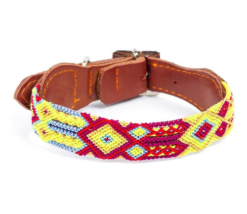 Collar Artesanal De Cuero Para Perro Con Tejido Amarillo