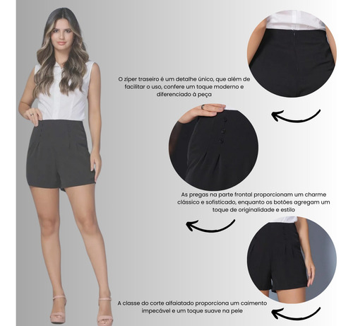 Short Feminino Social Corte Alfaiataria Pregas Oxford Luxo