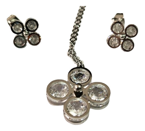 Juego Collar Y Aretes Acero Inox De Flores Piedra Zirconia C