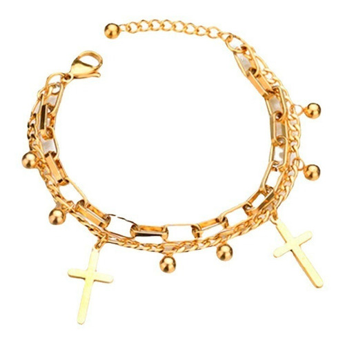 Pulsera Con Incrustaciones Cruces Acero Chapado 18k