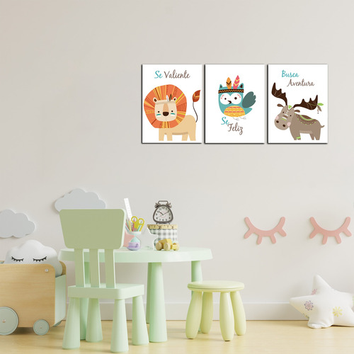 Imagen 3 de 3 de Triptico Cuadros Niños 40x30 Cms Set4 Leon Buho Alce