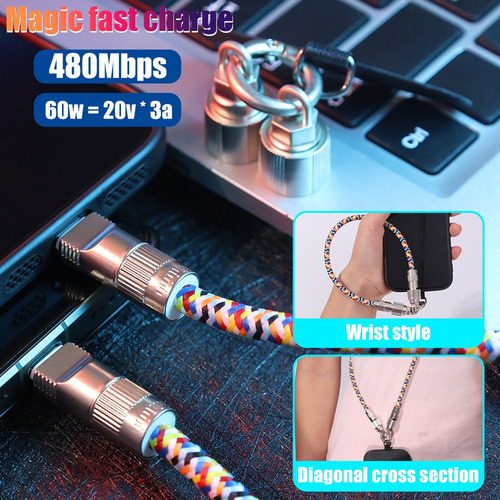 Cable De Datos De Carga Usb C Tipo C 2 En 1 Con Correas Para