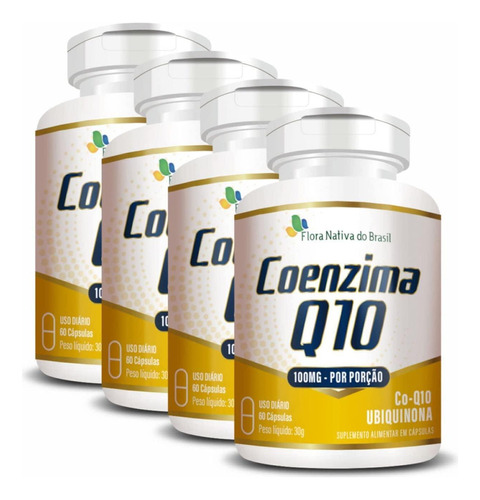 Kit 4 Coenzima Q10 100% Pura 60cáps 100mg Flora Nativa Do