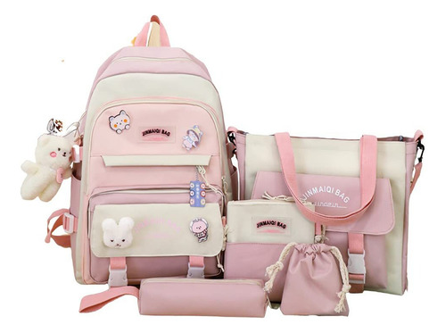 Mochila Bolso Kawaii Set 5 Piezas Importado Rosa Malva Liso