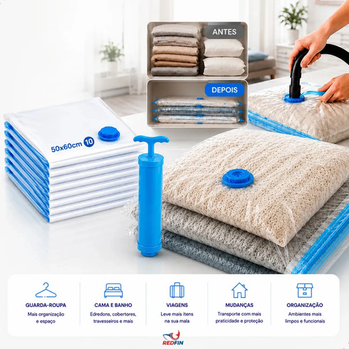 Kit Com 10 Sacos a Vácuo 50x60 cm Com Bomba Para Viagem e Organização