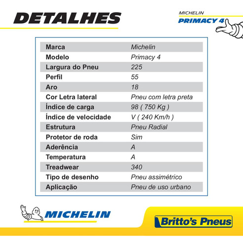Pneu Michelin Aro 18 - Primacy 4 - 225/55 R18 98 V