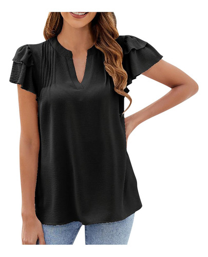 Camiseta Casual Plisada Frontal Con Cuello En V Y Mangas De