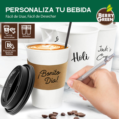Berry Green 500 vasos desechables para café 16 oz (473 ml) con tapa y manga protectora resistentes sin derrames biodegradables ideales para bebidas calientes