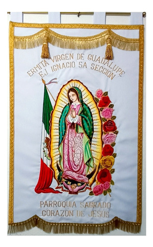 Estandarte Bordado Fino Virgen De Guadalupe Bandera Y Rosas 
