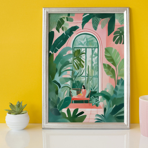 Lámina Decorativa Mujer Jardín Tropical Rosa Plantas Hojas Multicolor Sin Armazón