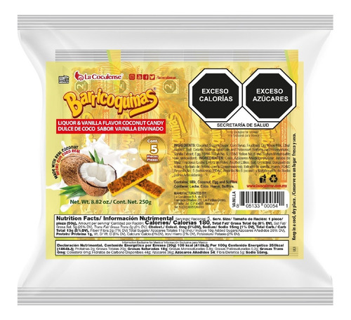 Barricoquinas - Dulce Coco Envinado Sabor Vainilla 5 Piezas