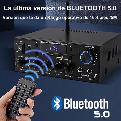 Amplificador Bluetooth Para Bocinas Audio 2 Canales Para Automóvil Y Hogar Alta Potencia Entrada Multimodo Calidad De Sonido Hifi Alta Fidelidad Con 2 Tomas De Micrófono Con Función Eco