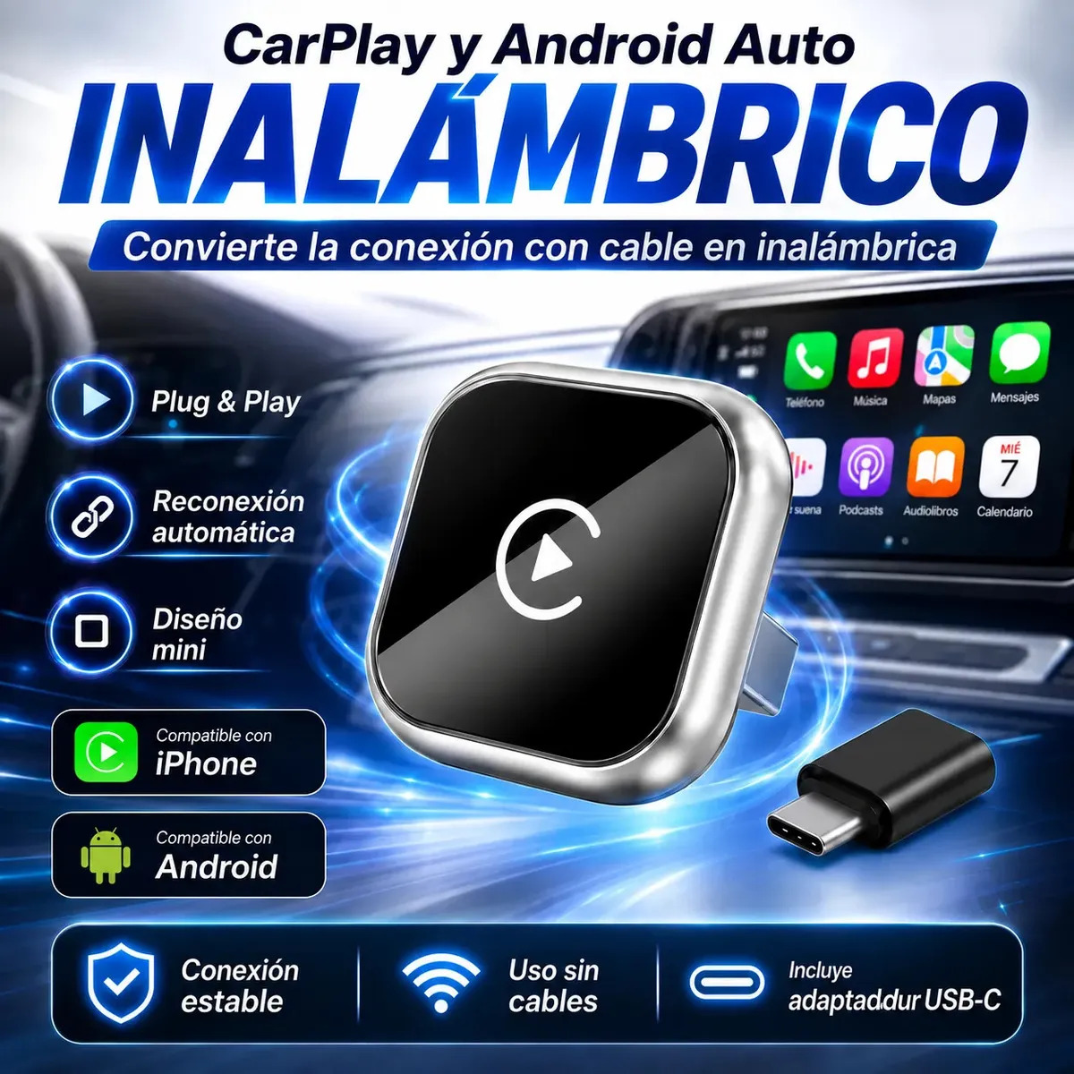 CarPlay Adaptador Inalambrico Android Auto Inalambrico 2 en 1 USB Bluetooth 5.3 Conexion Estable Plug Play para iPhone Android Carro Carcasa Metalica Acabado Espejo