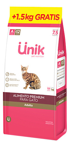 Alimento Unik Gato Adulto X 7,5 + 1,5 Kg