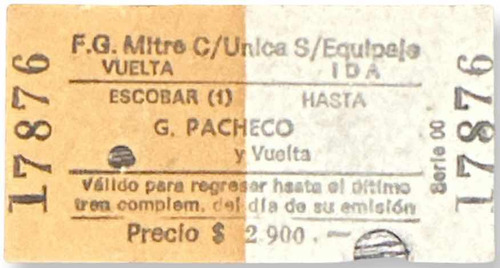 Boleto Antiguo Ferrocarril Tren Escobar A General Pacheco
