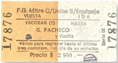 Boleto Antiguo Ferrocarril Tren Escobar A General Pacheco (Usado)