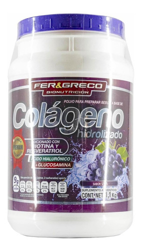 Imagen 1 de 5 de Suplemento en polvo Fer & Greco  Colágeno Hidrolizado sabor uva en pote de 1.1kg