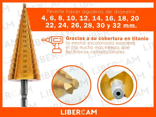 Imagen 5 de 10 de Mecha Escalonada Conica Titanio Taladro 4-32mm Metal Madera