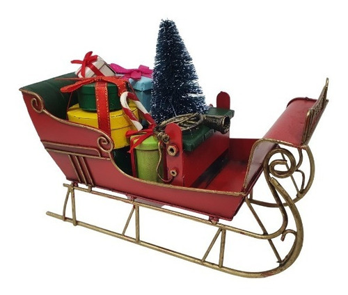 Trineo Navidad Metal Adorno Papa Noel Regalos Arbolito 17cm