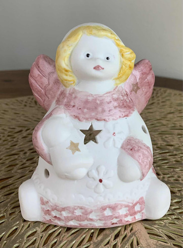 Anjo Castiçal Porcelana Com Oração Santo Anjo 13cmx 8,5 Cm