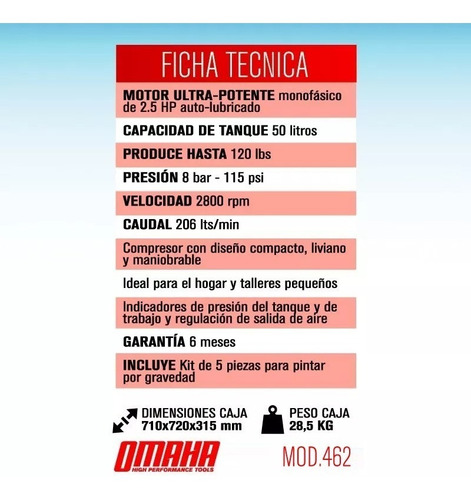 Imagen 2 de 9 de Compresor De Aire Portátil 50 L 2.5 Hp + Kit 5 Piezas Omaha