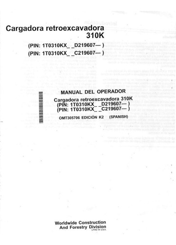 Manual Usuario Operador Pala Retroexcavadora John Deere 310k
