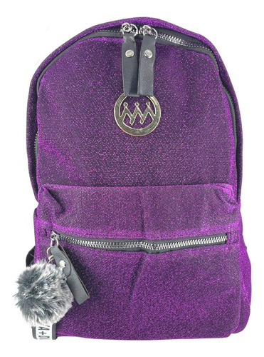 Mochila Feminina Poliéster  Lindo Chaveiro Pompom Reforçada Cor Roxo