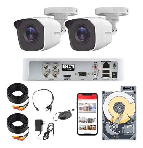 Kit Video Vigilancia Epcom Dvr 4 Canales 2 Cámaras 1080p 2mp B8-TURBO-G2P Cable coaxial 18mts con HDD 500gb