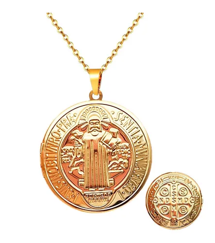 Collar Medalla San Benito Relicario Acero Unisex + Estuche