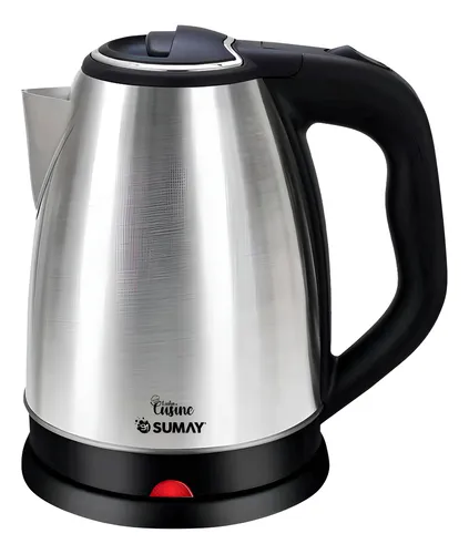 Chaleira elétrica Sumay em aço escovado com base preta e luz indicadora ligada