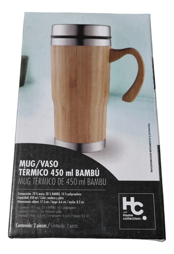 Mug Vaso Térmico 450 Ml Bamboo Hc 17.5x6.6x8.2cms Con Tapa