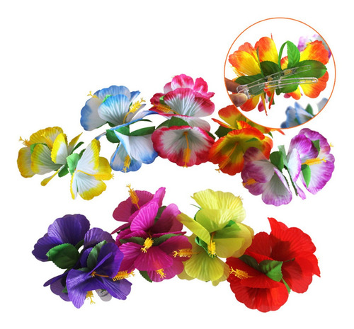 12 Pinzas De Pelo De Flores Hawaianas Multicolor Flor De Hib 