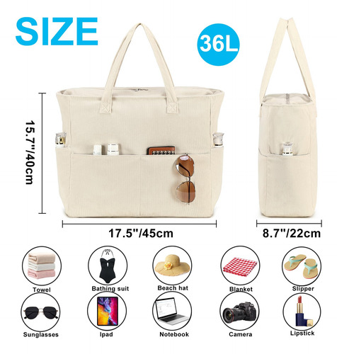 Bolsa De Playa Multiusos Comoda Con Diseño Beige Corduroy