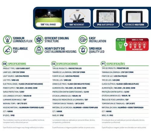 Reflector Proyector Led Exterior Novik LED P120 144 Leds 120W Carcasa  Aluminio 12000lm