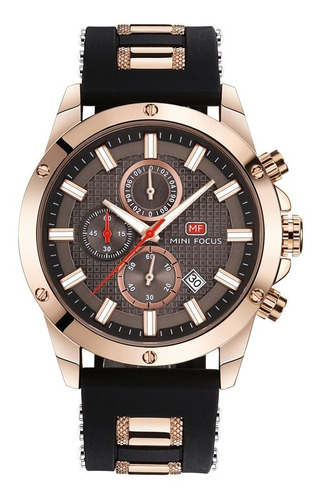 Reloj pulsera Mini Focus MF0089G con correa de silicona color negro/oro rosa - fondo marrón - bisel oro rosa