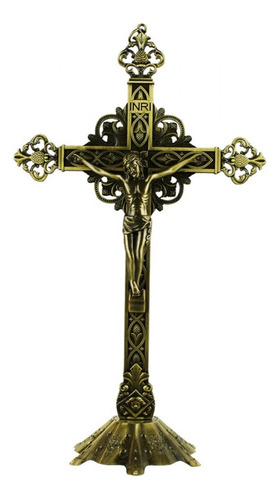 Crucifixo Católico De Mesa Dourado Antigo Metal 32 Cm Cor Dourado-escuro
